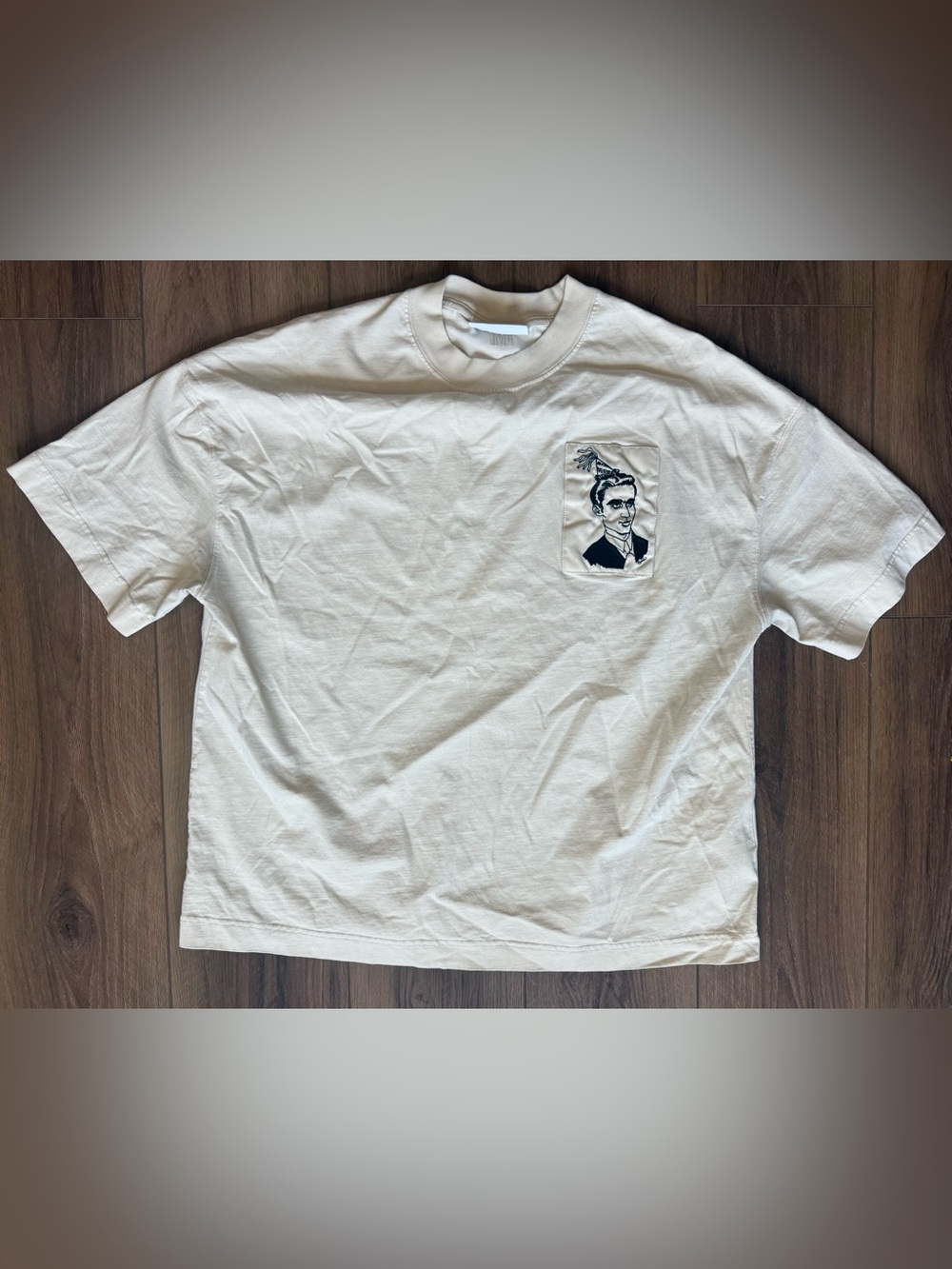 Ami Paris Men's Anniversary Face Patch Pocket Cotton T Shirt Beige Large Size